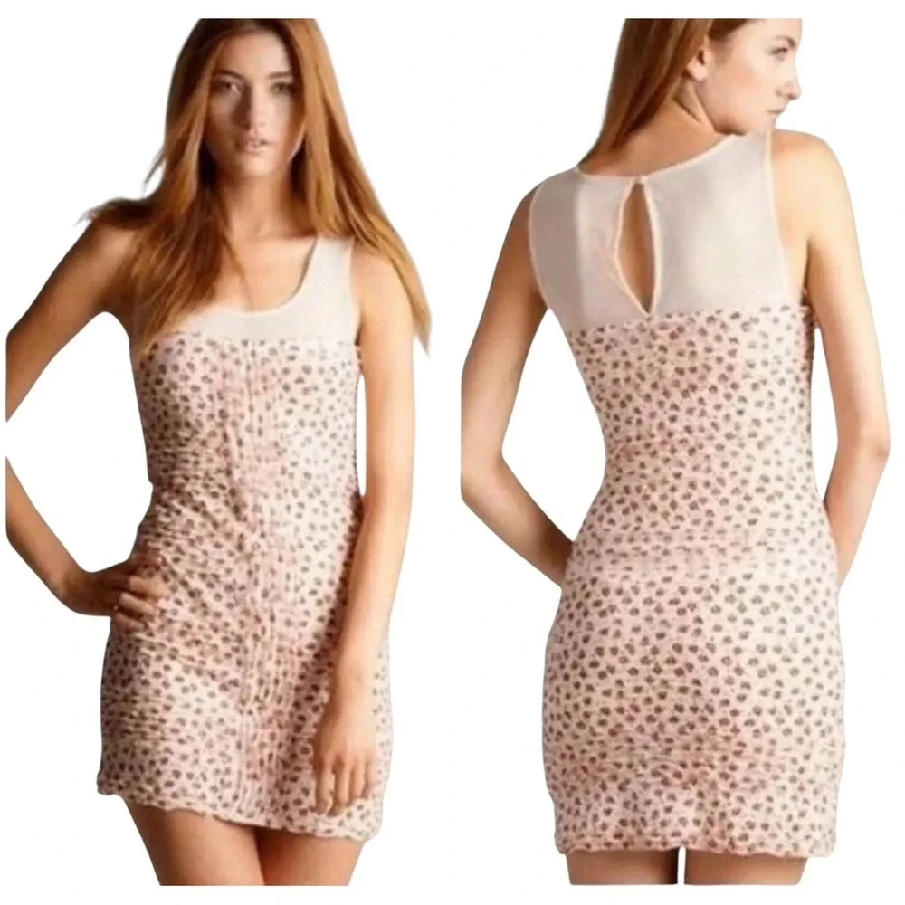 Free People NWOT Shimmy Bitsy Ditsy Floral  Mini Dress Sheer Mesh Ruffle Small‎